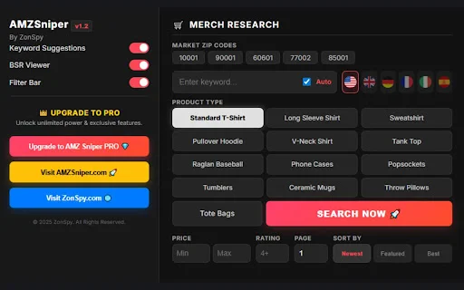 AMZSniper فری ایکسٹینشن ڈاؤن لوڈ کریں – Amazon KDP اور Merch کے لیے بہترین ٹول - Screenshot 1
